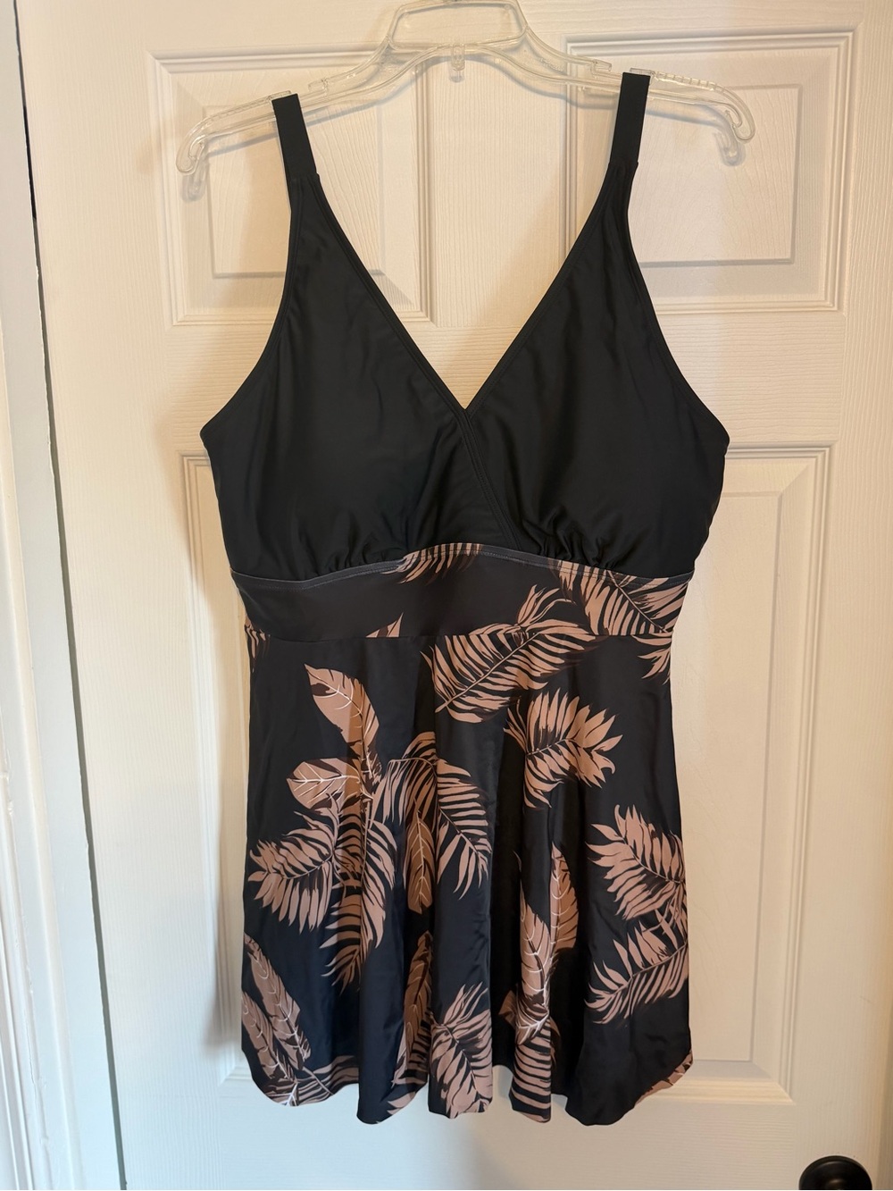 Girls Black One-Piece Swim Dress Top with Gold Leaf Print